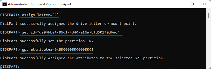 set Recovery partition as R drive and hide its drive letter to mark them as required