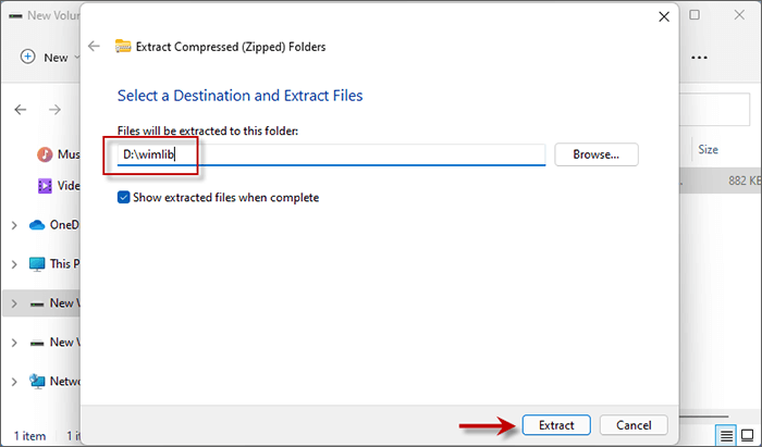 Set the extracted file path as D:\ wimlib