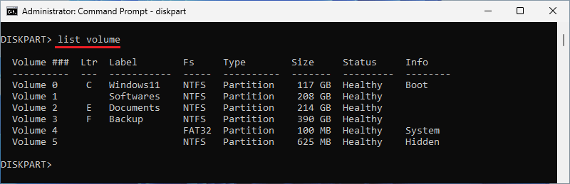 type list volume