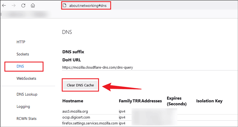 clear dns cache on mozilla firefox