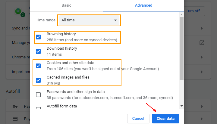 Clear browsing data and Cache