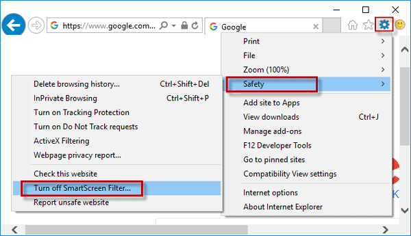 Click Turn off SmartScreen Filter