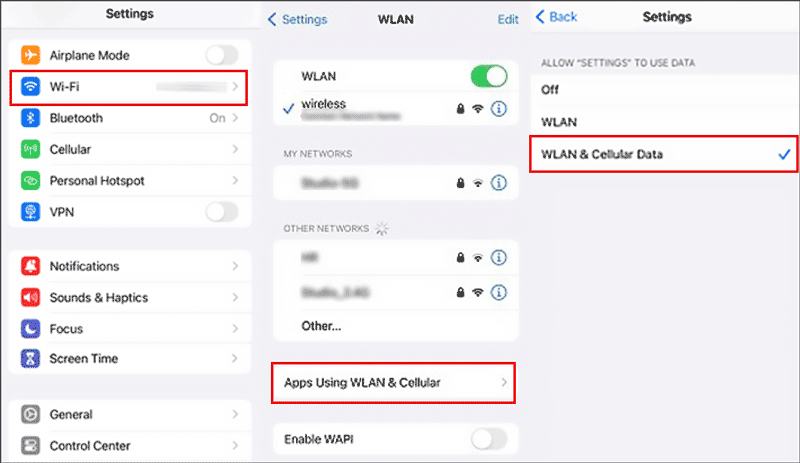 enable wlan and cellular data on settings app