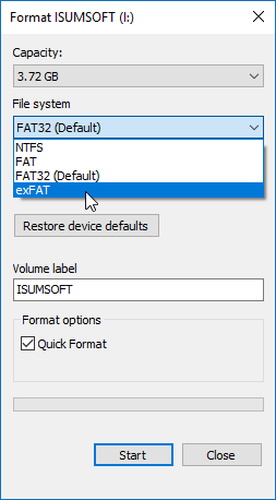 Format USB drive in EXFAT