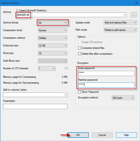 Enter password in Encryption section