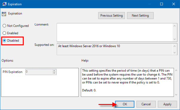 Disable PIN expiration