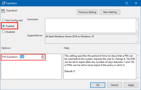 Enable PIN expiration