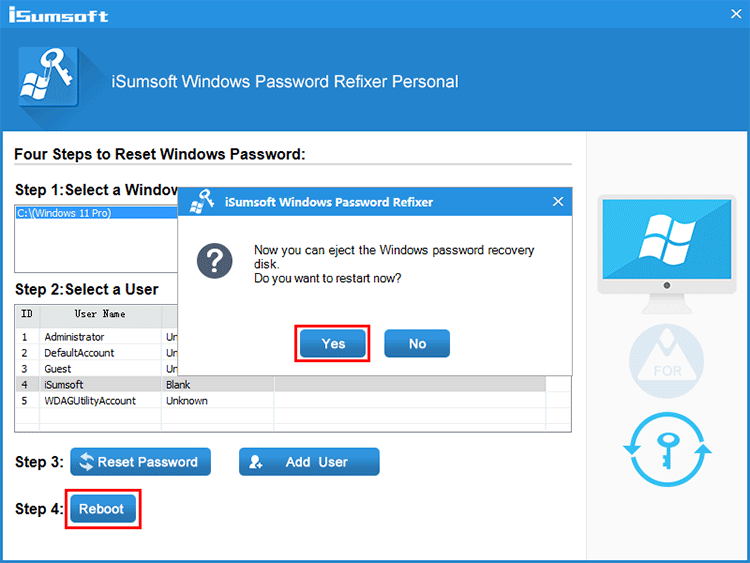 click Reboot to restart computer