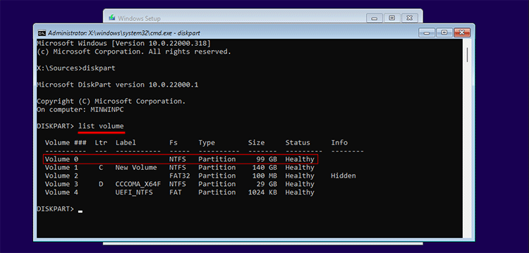 type list volume and press Enter