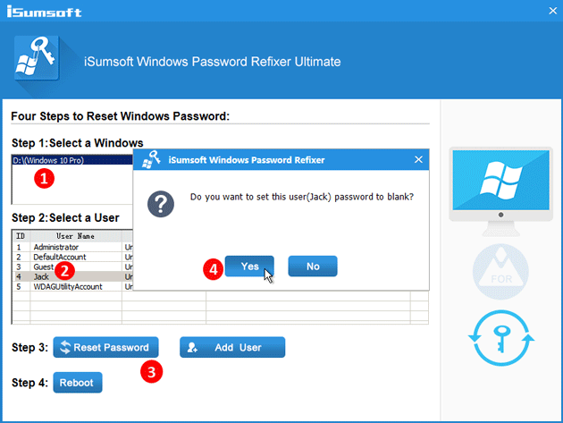 click reset password to remove password