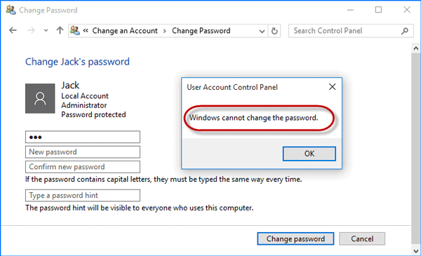 Windows cannot change the password