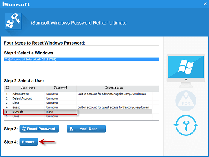 click Reboot to restart Windows 10