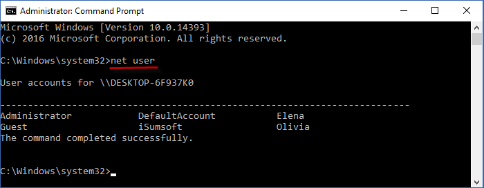 Type net user and press Enter to see all your user account in the command window
