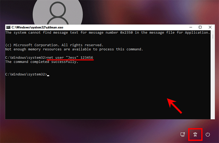 click Accessibility and reset password with command prompt