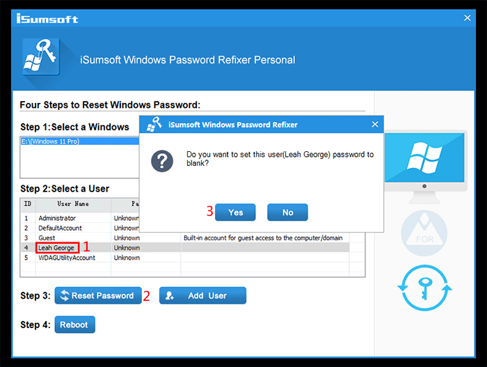 select your account and click Reset Password