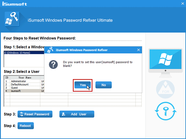 Click Yes to reset password