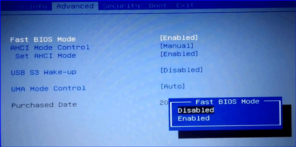 disable fast bios mode