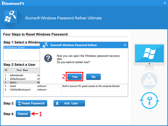 click Reboot and remove the USB drive