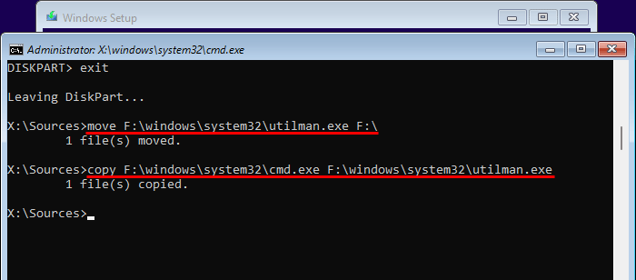 replace utilman.exe with cmd.exe