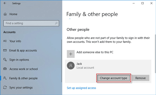 click Change account type