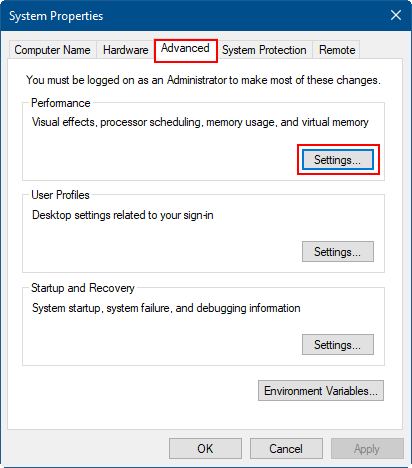 Open visual effect settings