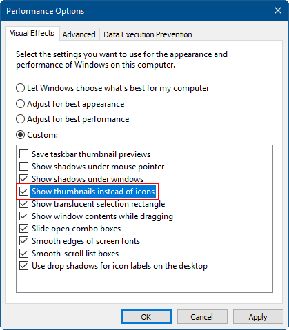 Show thumbnails in visual effects settings