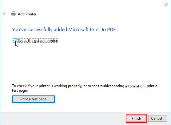 Finish activating MS printer in Windows 10