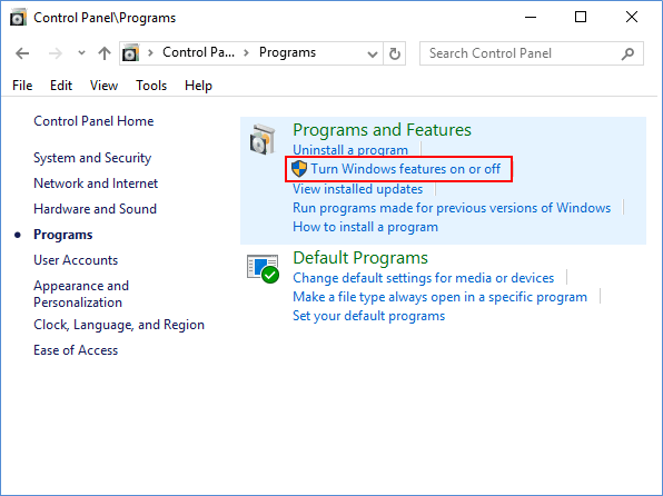 Turn Windows Features on or off