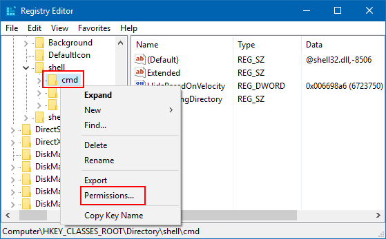 Gain Permissions of cmd Registry key