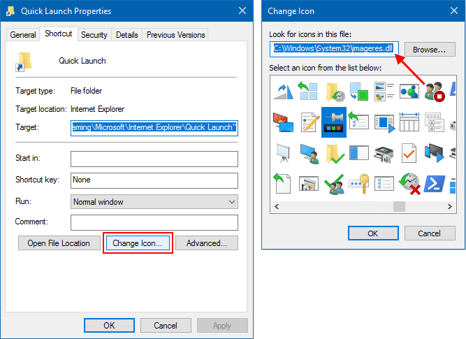 Change Quick Launch shortcut icon