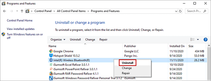 uninstall Bluetooth driver