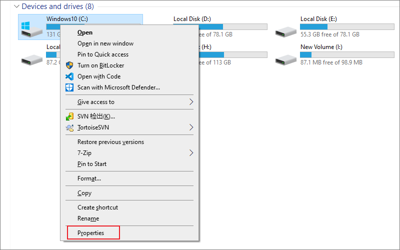 Right-click the C drive and select Properties