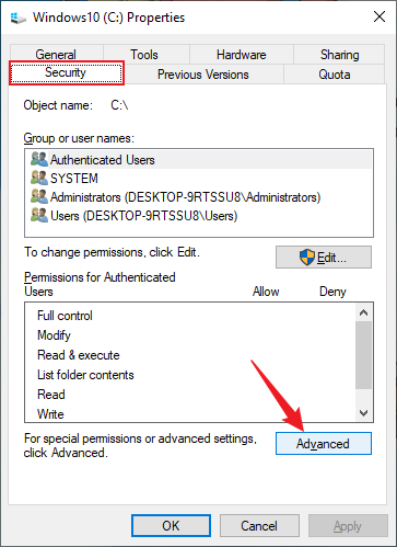 Switch to Security tab and Click Advanced