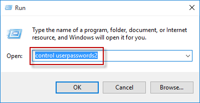 Type control userpasswords2 in Run