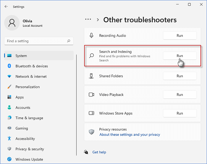 Run Search and Indexing tool