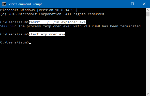 Restart exeplorer.exe in Command Prompt