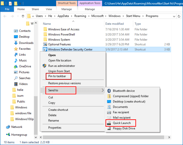 Add Windows Defender to Quick Launch bar
