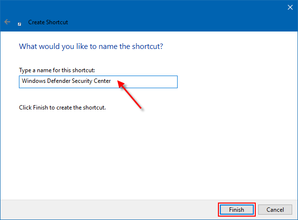 create a Windows Defender Security Center shortcut
