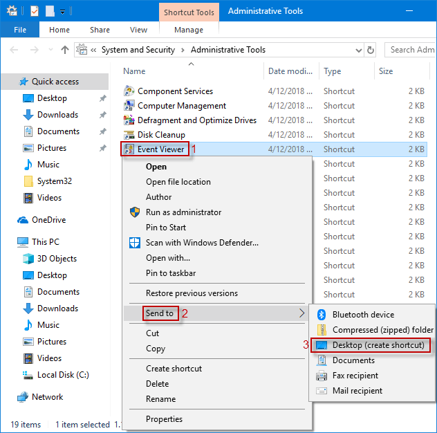 send event viewer shortcut to desktop