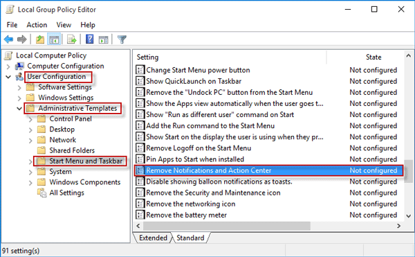 Click Remove Notifications and Action Center