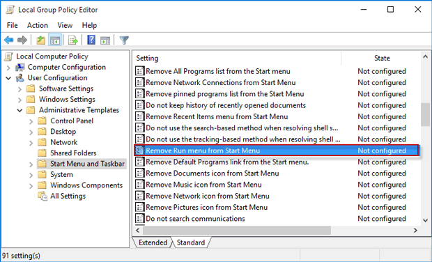 remove run menu from start menu