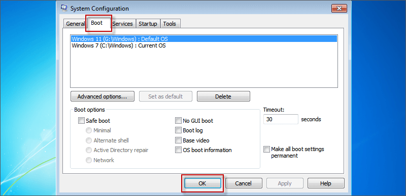 enter system configuration to check if Windows 11 boot option is added