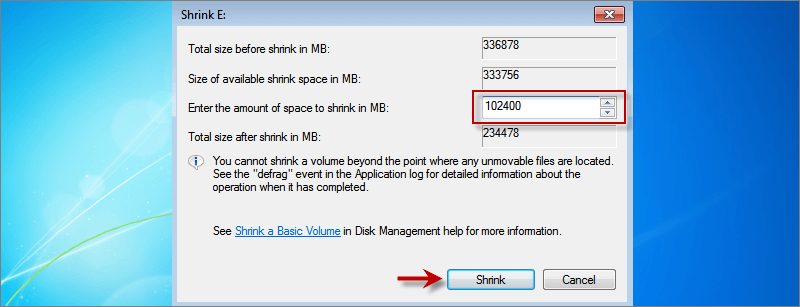 enter shrink volume size 