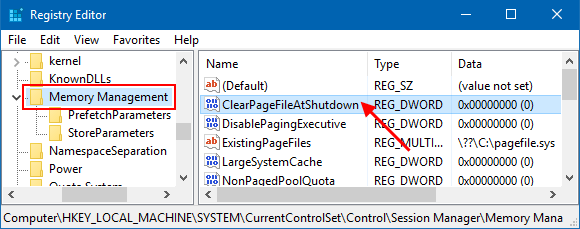 Click on clear pagefile at shutdown