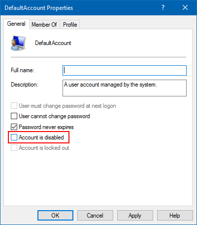 Uncheck Account is disabled option