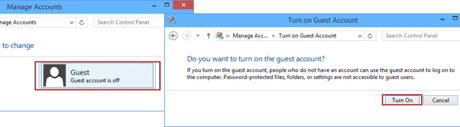 Turn on guest account