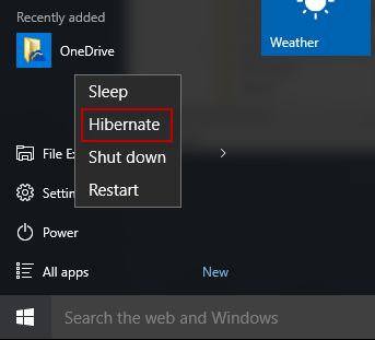 Hibernate in Power menu