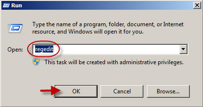 Type regedit in Run box