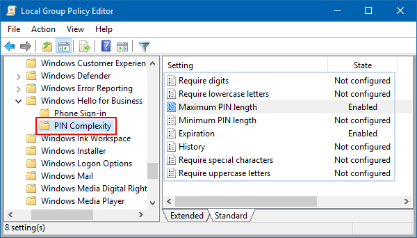 Customize PIN complexity