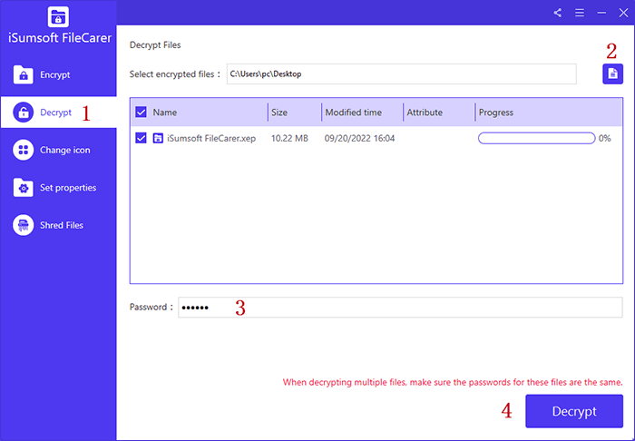 decrypt files and folders with iSumsoft FileCarer